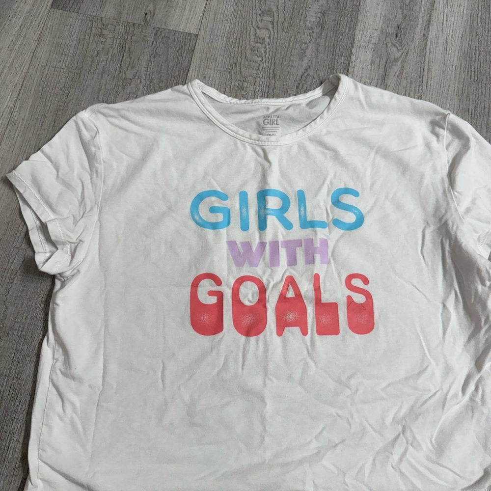 Athleta White Tee with Colorful 'Girls with Goals' Print
